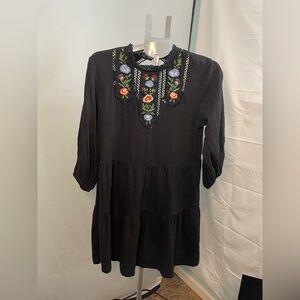 NWT TOPSHOP Women's 3/4 Sleeve‎ Embroidered Smock Dress Black Floral Sz 12